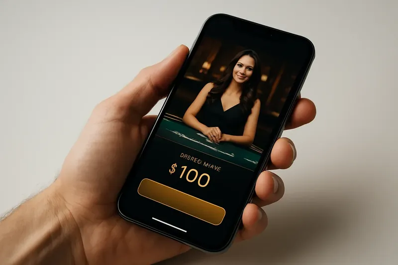 Hand holding smartphone showing dark casino app with live dealer preview