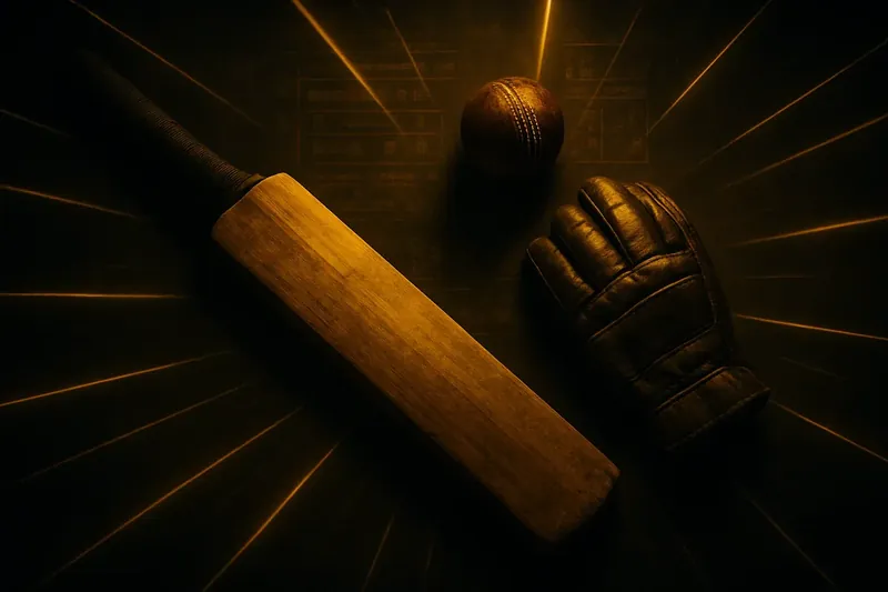 Close-up cricket equipment with neon speed lines and holographic betting interface