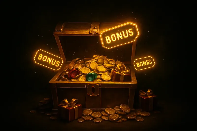 Golden treasure chest bursting with coins, gems, and bonus rewards