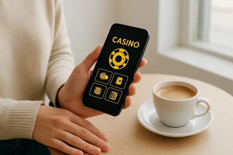 Person at cafe table using smartphone with dark casino app and coffee cup
