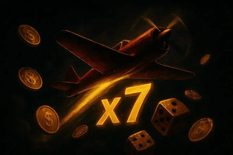 Red airplane crash game with glowing multiplier, coins, and dice