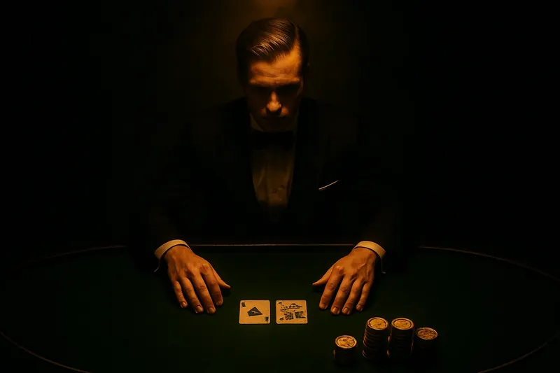 Professional dealer at green felt live casino table with golden chips